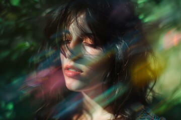 Beautiful young woman with closed eyes and light leaks on face posing in nature