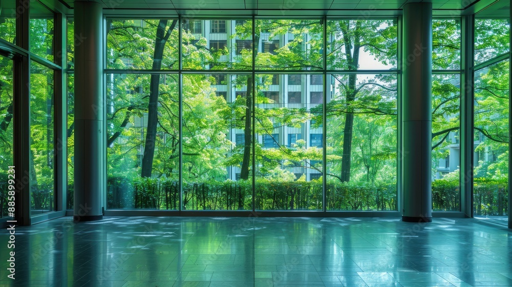 Poster a large window with trees outside and a building in the background. the room is empty and the view i