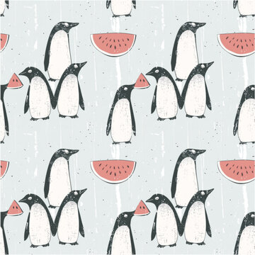 Pattern illustration of a cute penguin chomping on a watermelon.