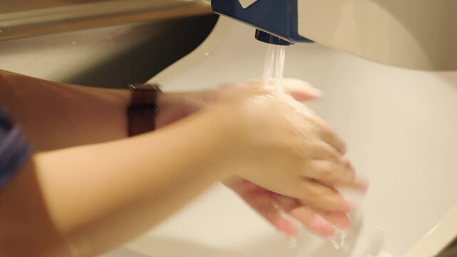 Woman washing hands with soap under running water in bathroom sink
