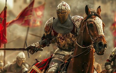 Medieval knight in full armor on horse, wielding a sword amidst a battlefield with flags and other knights, evoking a historical battle scene.