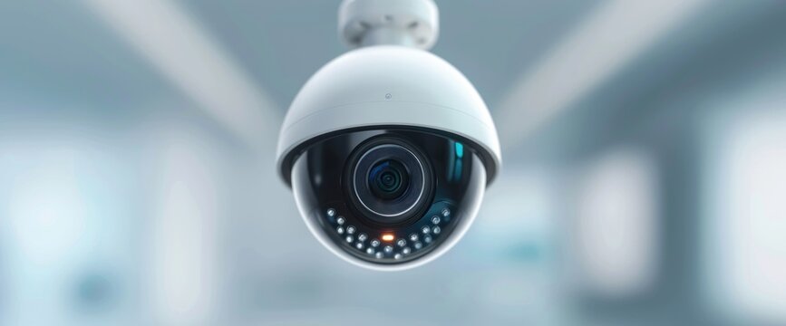 Advanced home security camera in a bright room, natural daylight, ample copy space