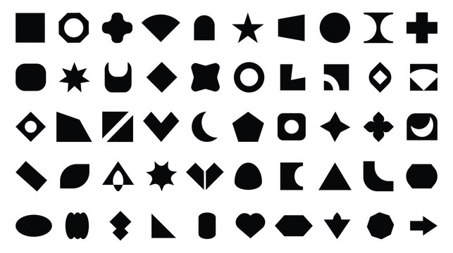 Geometric Basic Shapes Illustration design. Different quality geometric formal shape icon. Polygonal elements with sharp and rounded. Circle, rectangle, square, ellipse, hexagon, star, triangle, moon 