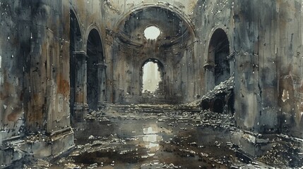 Obraz premium Charcoal and pastel painting of the Petra, ancient style, dramatic lighting, dark tones, mystical ambiance, textured surface