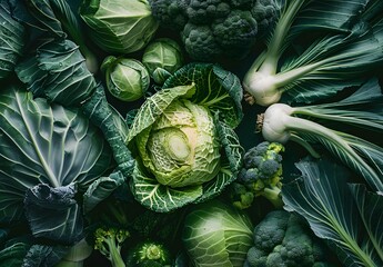 Obraz premium Green Vegetables Flat Lay: Cabbage, Kale, Leeks