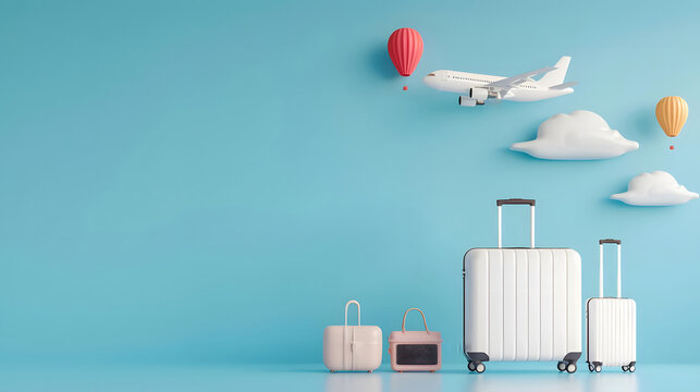 Minimalist travel concept with suitcases, hot air balloons, and airplane on a blue background symbolizing vacation and adventure.