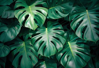 Close-Up Green Monstera Leaves Dark Background