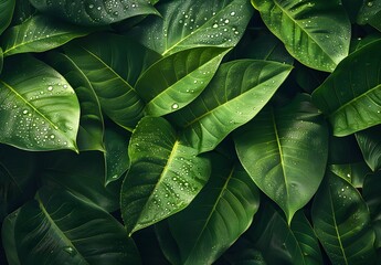 Close-Up Green Tropical Leaves with Dew Drops