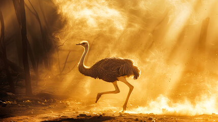 Majestic ostrich running at full speed across a dusty desert landscape with a dramatic cloud of dust and warm glowing sunlight creating a stunning cinematic atmosphere  This powerful