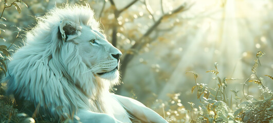 Majestic white lion standing in a lush natural environment its piercing gaze radiating strength and dominance  This powerful feline predator commands attention