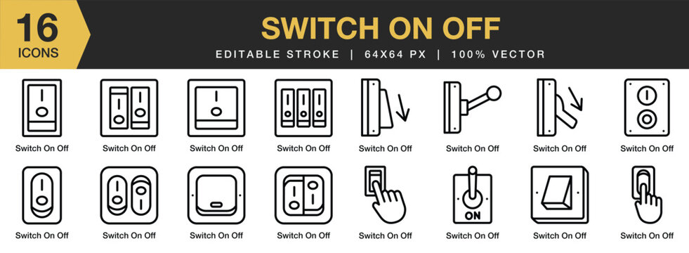 Set of 16 Switch On Off icon set. Editable Stroke Icon Collection. Includes switch on off, button, toggle on off, touch on off, and More. Outline icons vector collection.