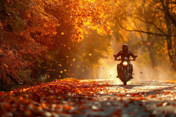 Motorcyclist riding a vintage bike along a scenic road covered with autumn leaves under a canopy of golden trees. - Powered by Adobe