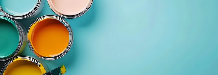 Colorful Paint Cans and Brush on Blue Background