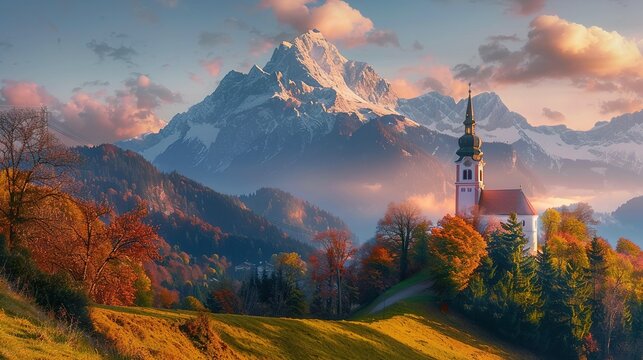 Beautiful evening view of Germany's countryside featuring Maria Gern church and Hochkalter peak during autumn.