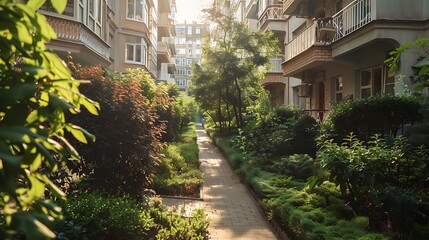 Sunny Pathway Through a Lush Courtyard