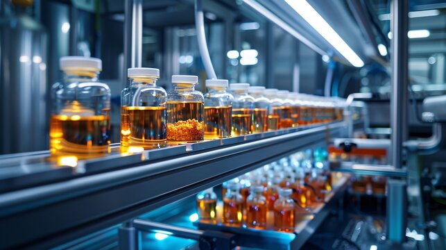 Detailed photograph of a futuristic food lab where AI is used to develop sustainable packaging solutions