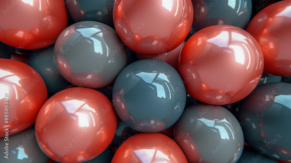 Poster glossy red and gray spheres close-up..