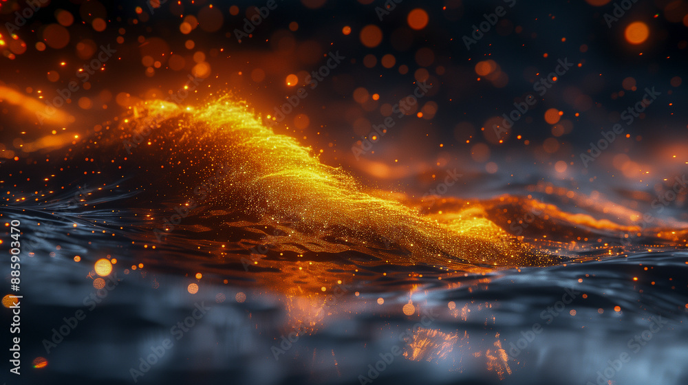 Aufkleber fiery particles over dark waves in abstract motion..