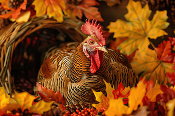 Close-up of a rooster nestled among autumn leaves and harvest decorations, representing the beauty of fall and traditional harvest themes.