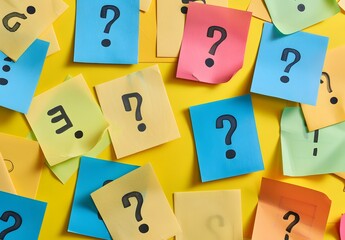 Colorful Sticky Notes with Question Marks on Yellow Background
