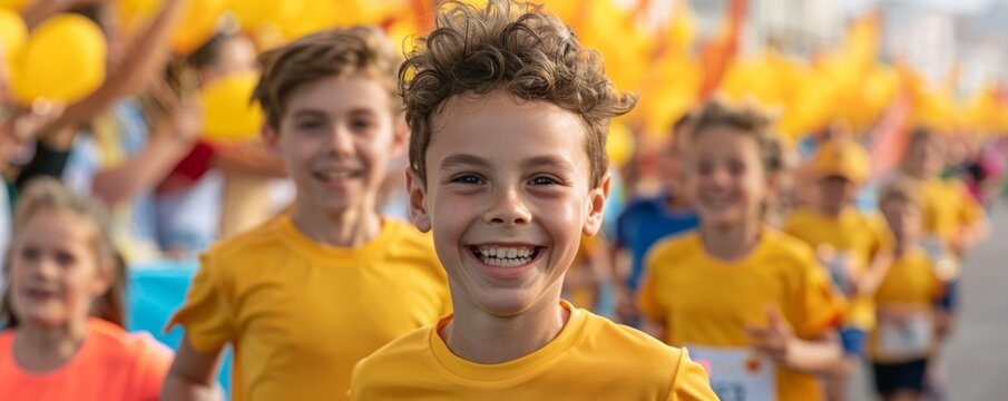 Parents and kids participating in a city marathon or fun run, with the urban landscape and cheering crowds enhancing the excitement, with copy space for text
