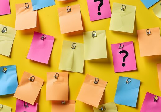 Colorful Sticky Notes With Question Marks On Yellow Background