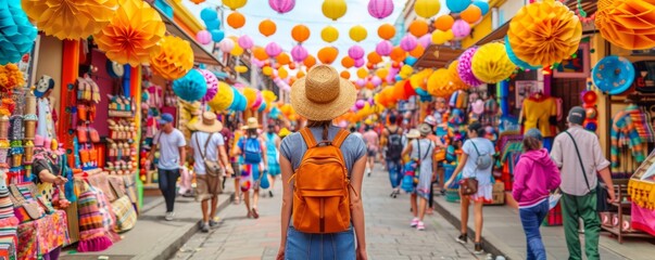 Person wandering through a vibrant street festival in a foreign city, surrounded by music, dance, and colorful decorations, capturing the excitement and cultural immersion of solo travel, with copy