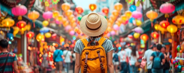 Person wandering through a vibrant street festival in a foreign city, surrounded by music, dance, and colorful decorations, capturing the excitement and cultural immersion of solo travel, with copy