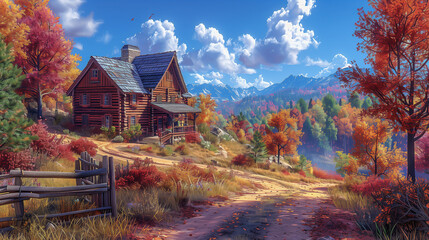 Rustic Cabin in a Vibrant Autumn Mountain Landscape..