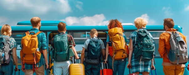 Group of travelers with luggage and backpacks boarding a bus, ready for a road trip adventure, with copy space for text