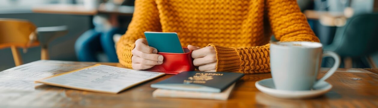Traveler organizing travel documents and a passport holder on a caf&Atilde;&copy; table, preparing for an upcoming journey, with copy space for text