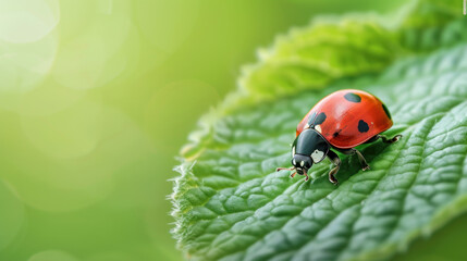 Fototapeta premium A tiny red ladybug with black spots explores a green leaf in warm summer sunshine