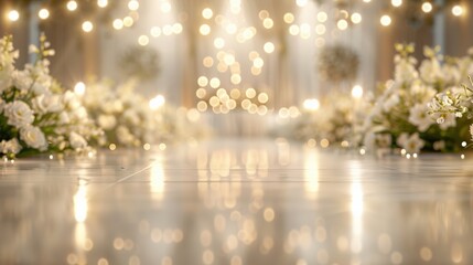 Elegant wedding aisle decorated with white flowers and glowing fairy lights, creating a romantic and dreamy atmosphere.