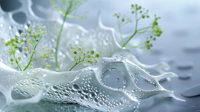 Clear and precise photograph of a molecular gastronomy dish with intricate details and a futuristic, otherworldly presentation