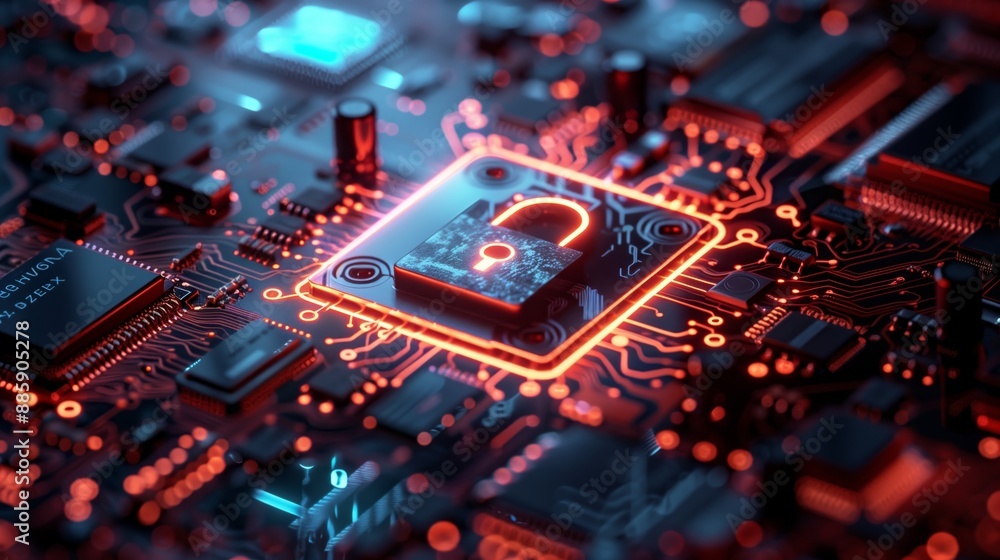 Poster a digital lock on top of an intricate circuit board, symbolizing the protection and security that cy