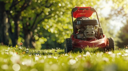 Lawn Mower in a Lush Green Garden