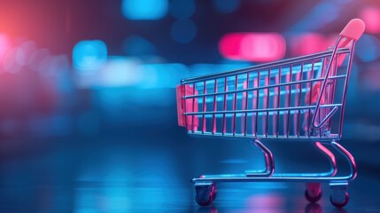 Empty shopping cart in a neon-lit environment, representing consumerism, retail, and modern shopping experiences. Blurry background adds depth.