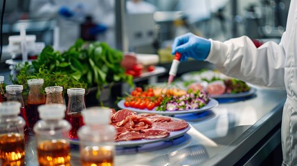 Sharp photograph of a food lab where AI is used to create plant-based meat alternatives