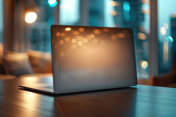 Modern Laptop on Wooden Desk with City Lights Reflections