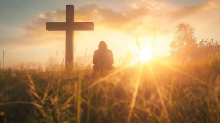 A silhouette of a man kneeling in the middle of a peaceful meadow at sunrise. Man praying at the foot of the cross at sunrise.