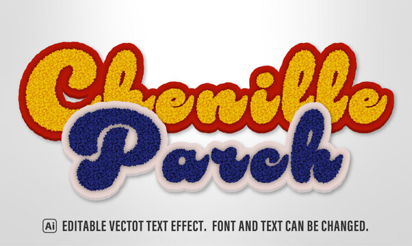 chenille embroidery patch text effect. 100% editable vector.