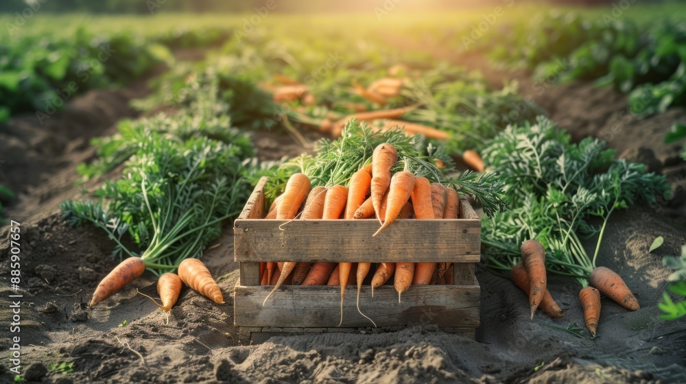 Poster Fresh Carrots in a Wooden Crate