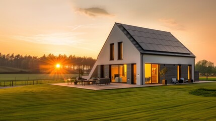 Modern House with Solar Panels at Sunset