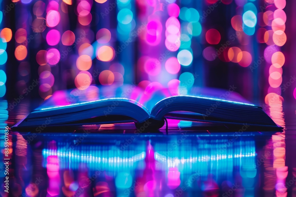 Poster open book is reflecting neon lights on a table