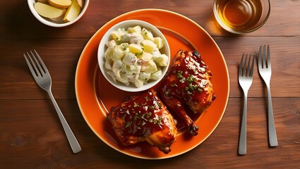 Delicious Plate of BBQ Chicken and Potato Salad on a Wooden Table Shot from Above.