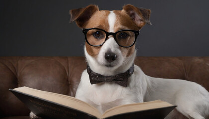 jack russell terrier dog with glasses reading a book