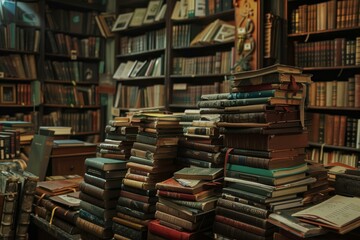 Stacks of old books with worn covers are piled on a wooden table in an old library