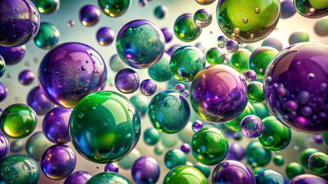 Vibrant purple and green oil spheres suspended in mid-air, glistening bubbles floating against a pristine white background, mesmerizing abstract scene.
