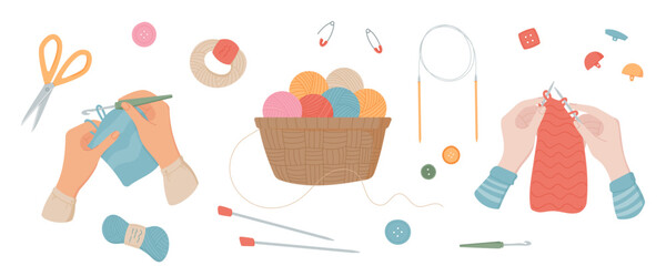 Hands knitting and crocheting with thread, a basket of yarn with scissors, buttons, and sewing needles for embroidery isolated at white background. Elements are set for cute handmade tailor projects.
