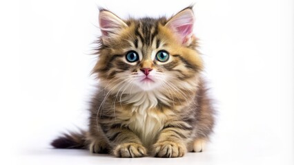 Adorable, fluffy, whiskered, curious, isolated, kitten posing on white background, showcasing cute, innocent, playful facial expression, soft fur texture.